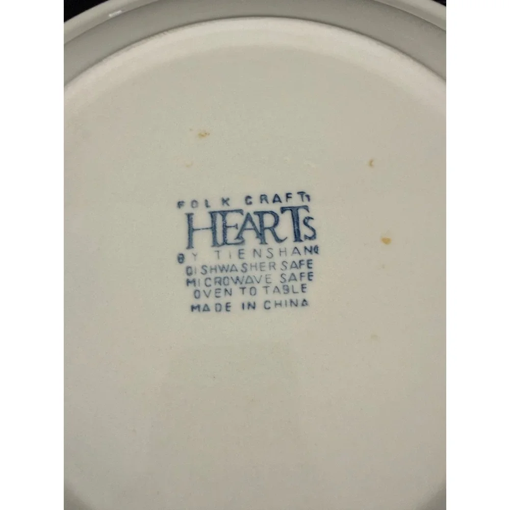 VTG Tienshen Folk Craft Hearts Blue White Spongeware 10 3/8in Dinner Plate READ